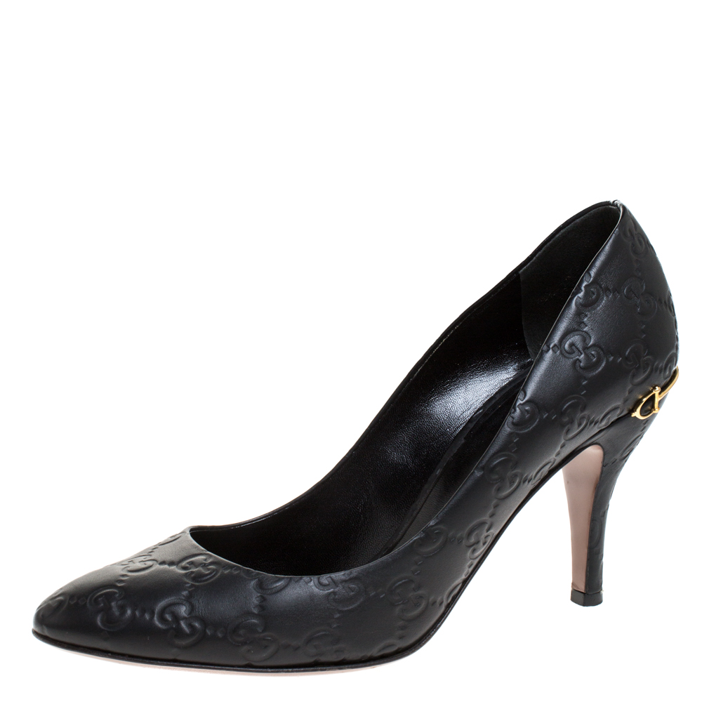 Pre Owned Gucci Black Guccissima Leather Horsebit Heel Round Toe Pumps Size 39