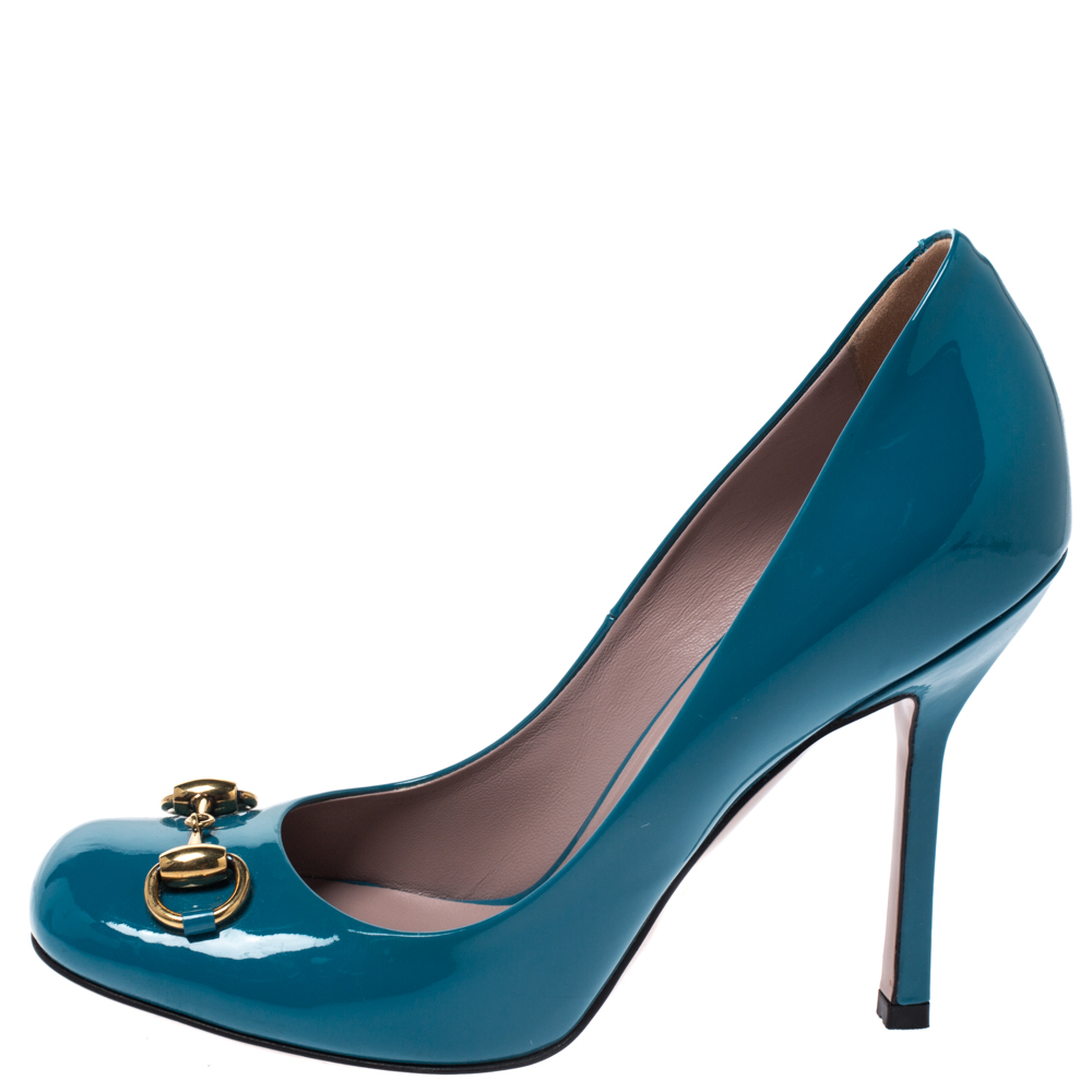 

Gucci Turquoise Patent Leather Jolene Horsebit Pumps Size, Blue