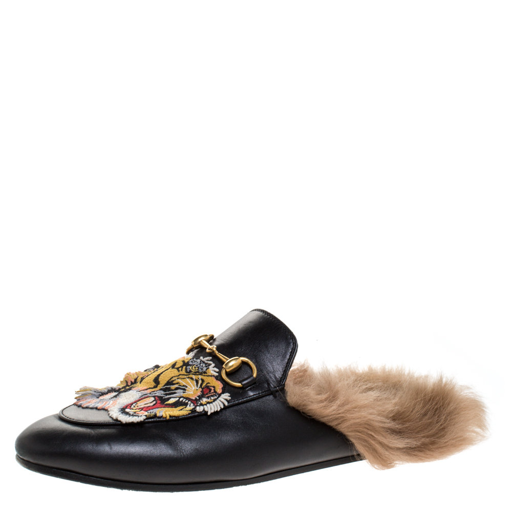 gucci black fur mules