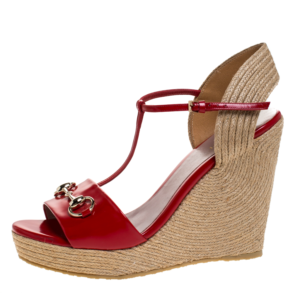 

Gucci Red Leather Horsebit T-Strap Espadrille Wedge Sandals Size