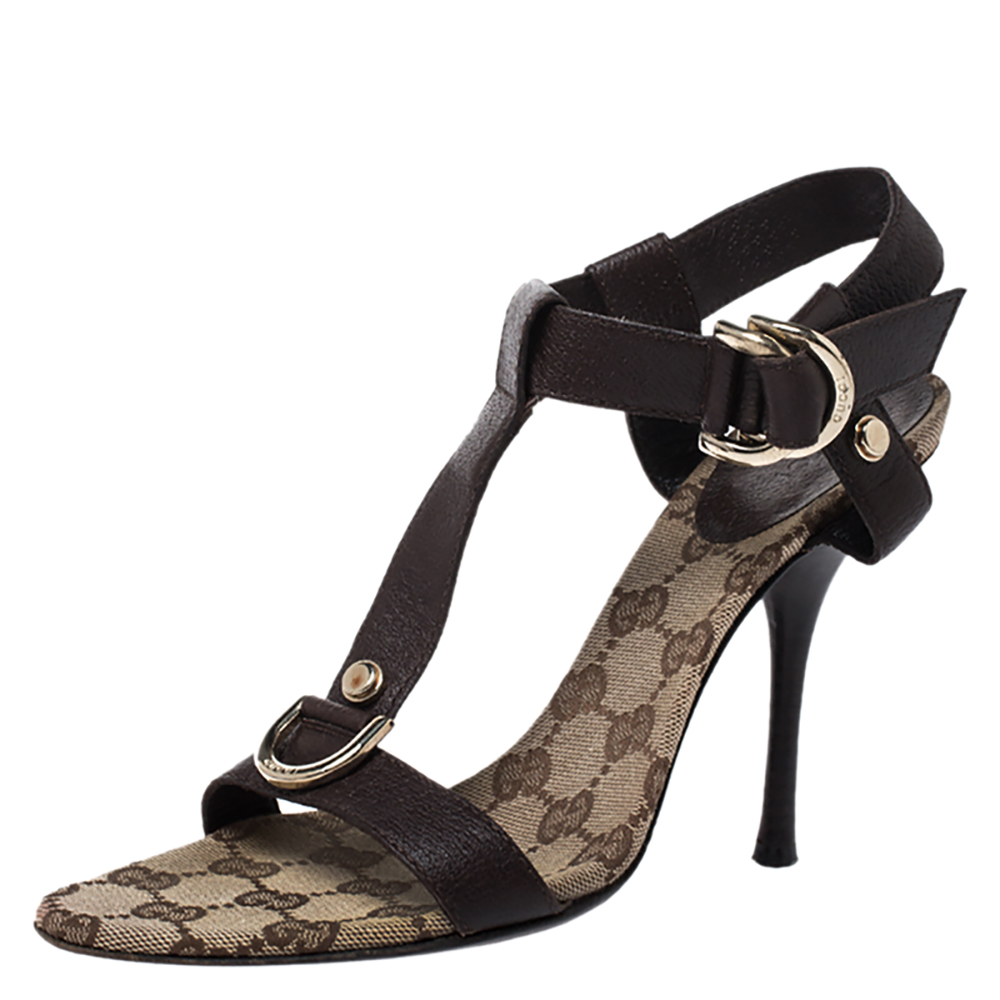مملوكة مسبقًا Gucci Brown Leather T-Bar Double D Ring Ankle Strap Sandals Size 37