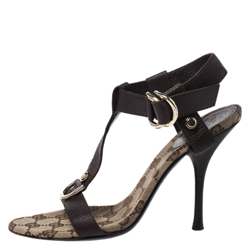 

Gucci Brown Leather T-Bar Double D Ring Ankle Strap Sandals Size