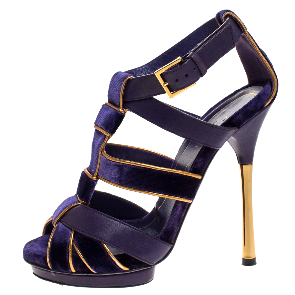 

Gucci Purple Velvet And Leather Malika Strappy Sandals Size