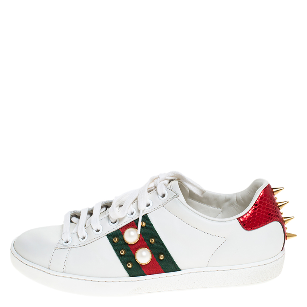

Gucci White Leather Python Trim Web Detail New Ace Faux Pearl Embellished Low Top Sneakers Size