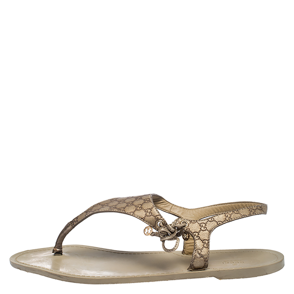 

Gucci Metallic Gold Microguccissima Leather Thong Ankle Tie Sandals Size