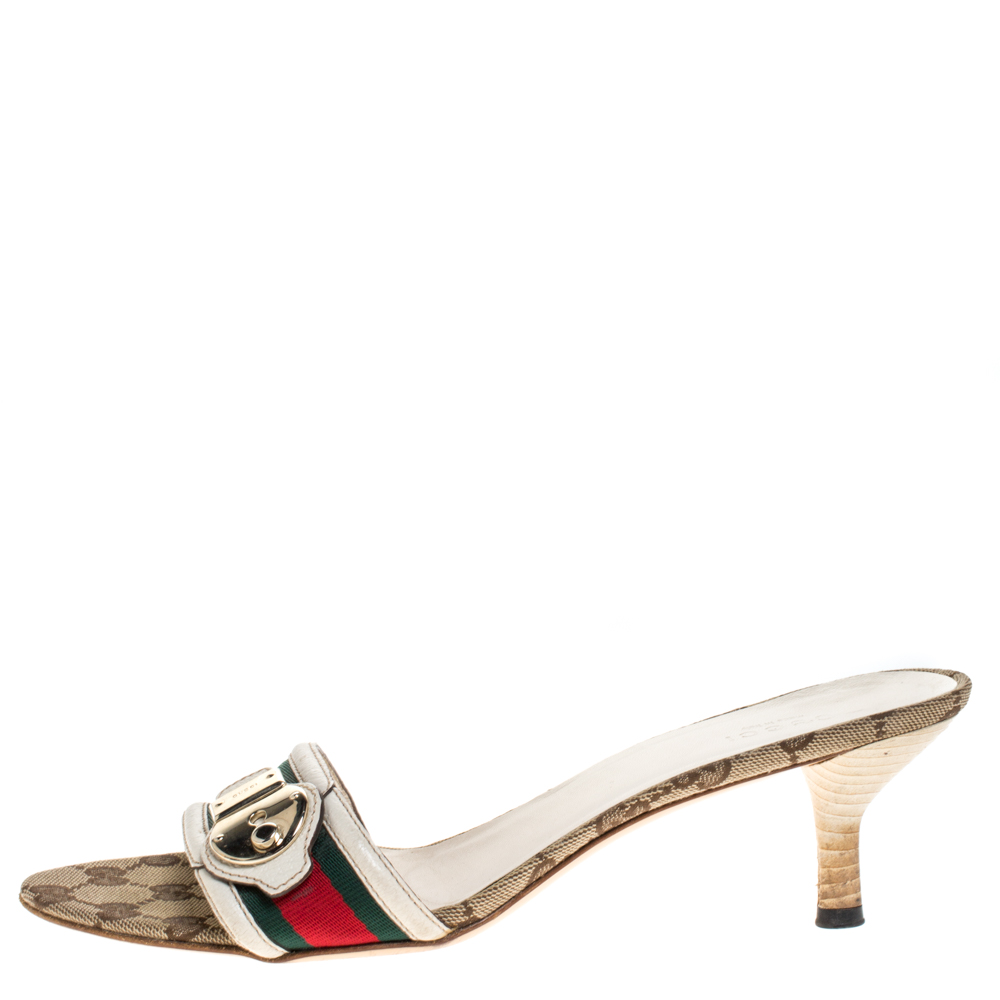 

Gucci Tricolor Leather Trim And Web Canvas Open Toe Sandals Size, Green