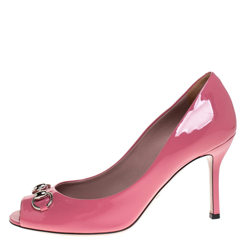 

Gucci Pink Patent Leather Horsebit Peep Toe Pumps Size