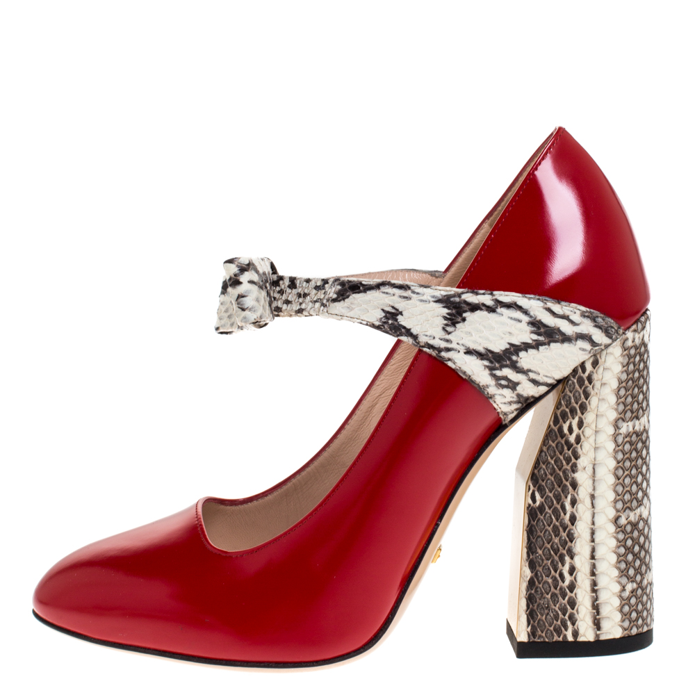 

Gucci Red Leather And Snakeskin Nimue Mary Jane Pumps Size