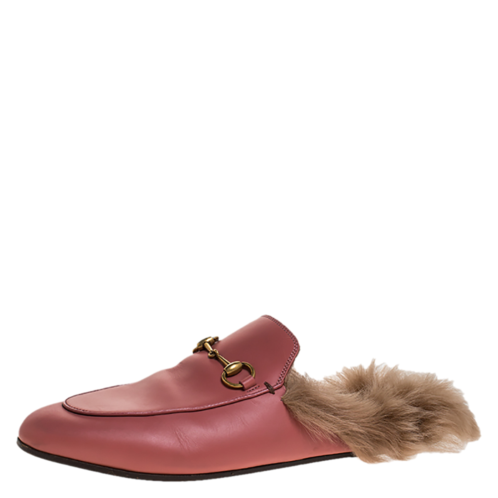 Gucci Pink Leather And Fur Princetown Flat Mules Size 38