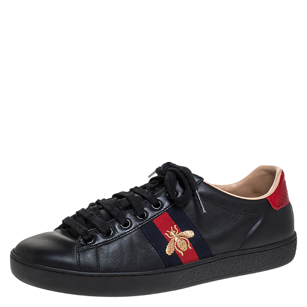 Pre-owned Gucci Black Leather Ace Web Bee Low Top Lace Up Sneakers Size 35.5