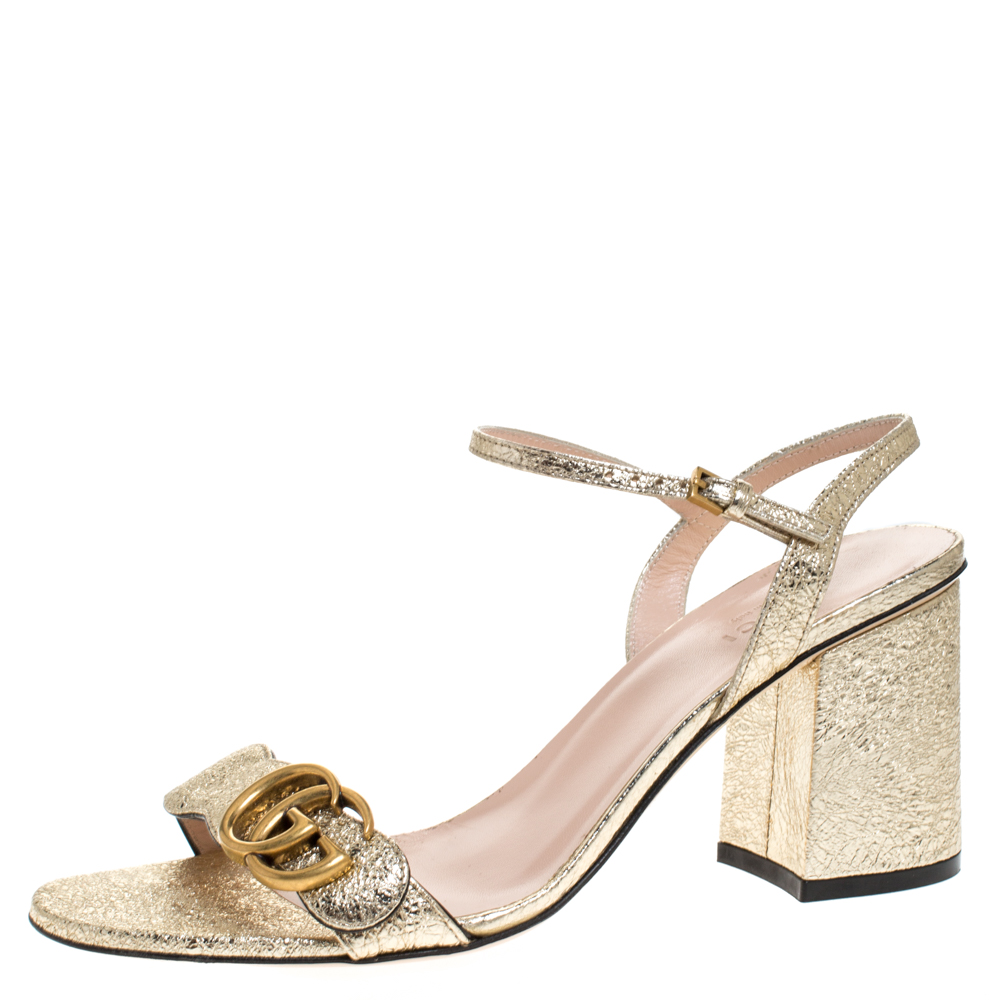 Gucci Gold Textured Leather GG Marmont Ankle Strap Sandals Size 38.5 ...