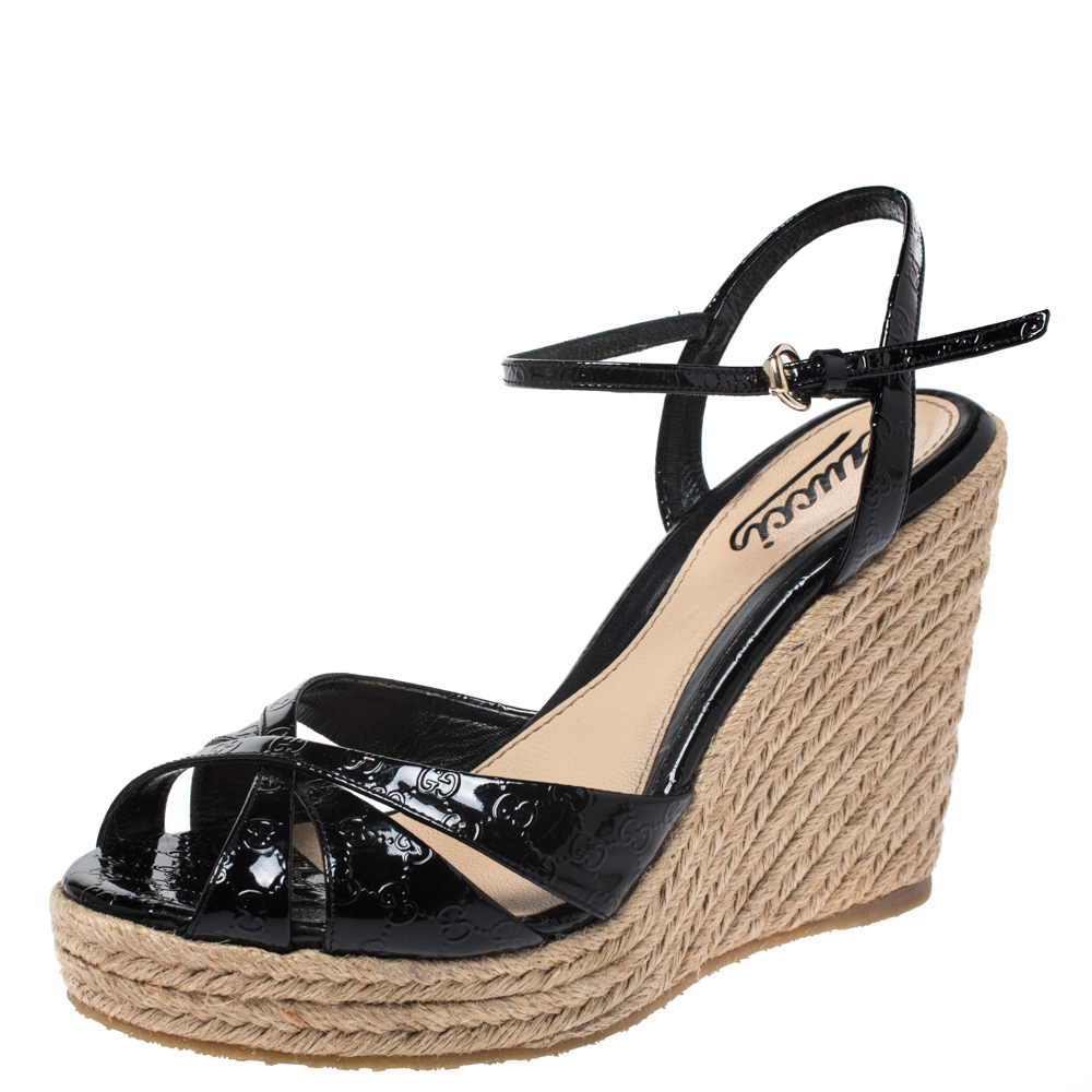 Pre-owned Gucci Ssima Patent Leather Strappy Espadrille Wedge Platform Sandals Size 37 In Black