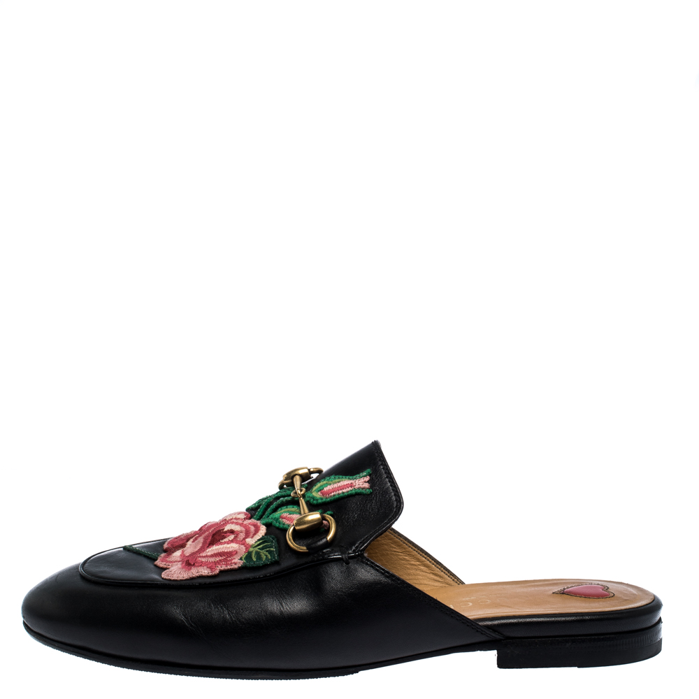 

Gucci Black Leather Princetown Flower Embroidered Flat Mules Size