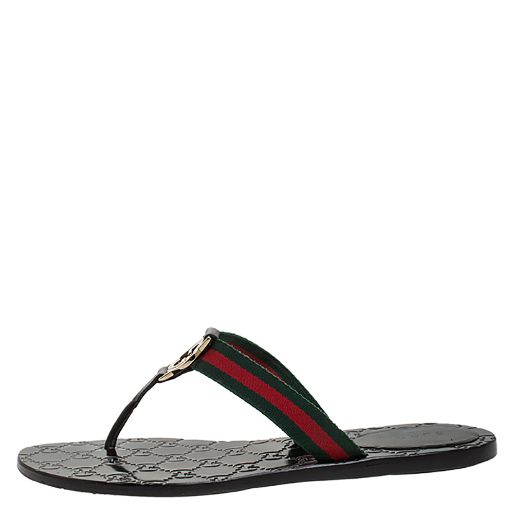 

Gucci Black Leather And Web Strap Interlocking "GG" Thong Sandals Size