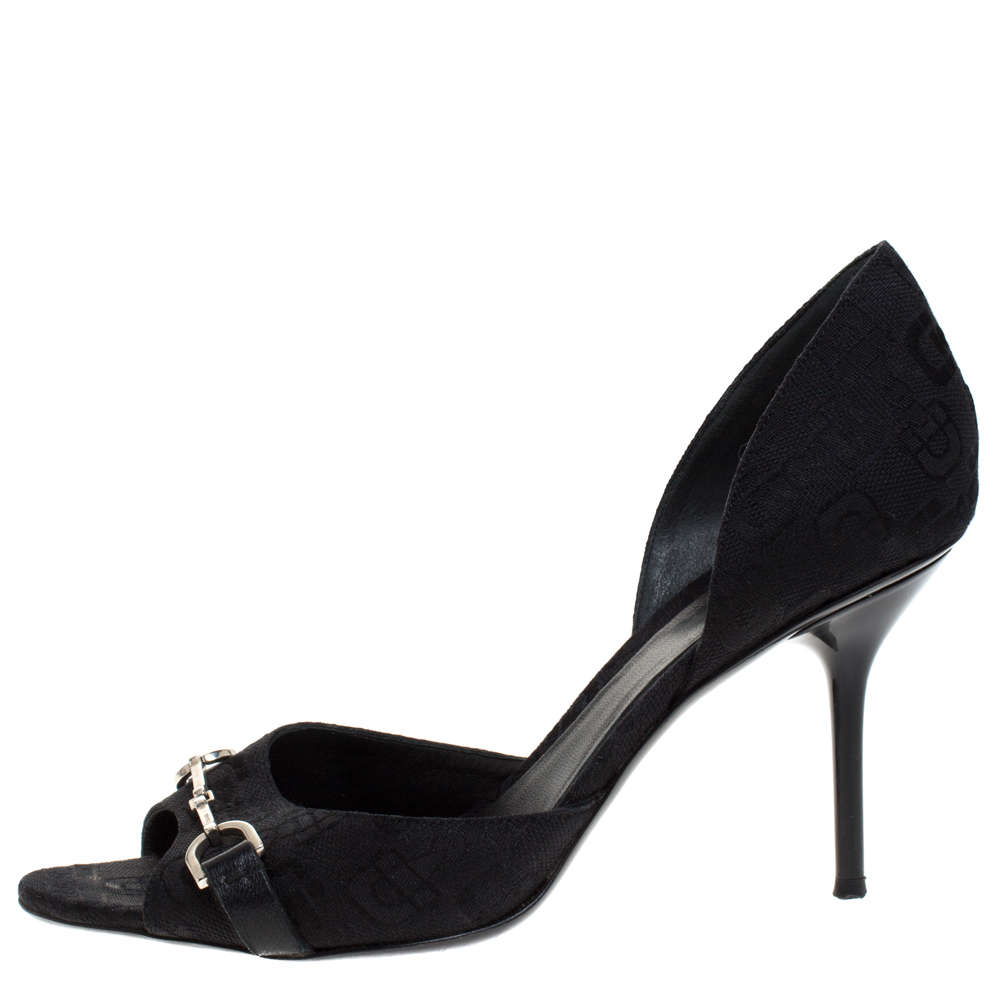 

Gucci Black Canvas Horsebit D'Orsay Peep Toe Pumps Size