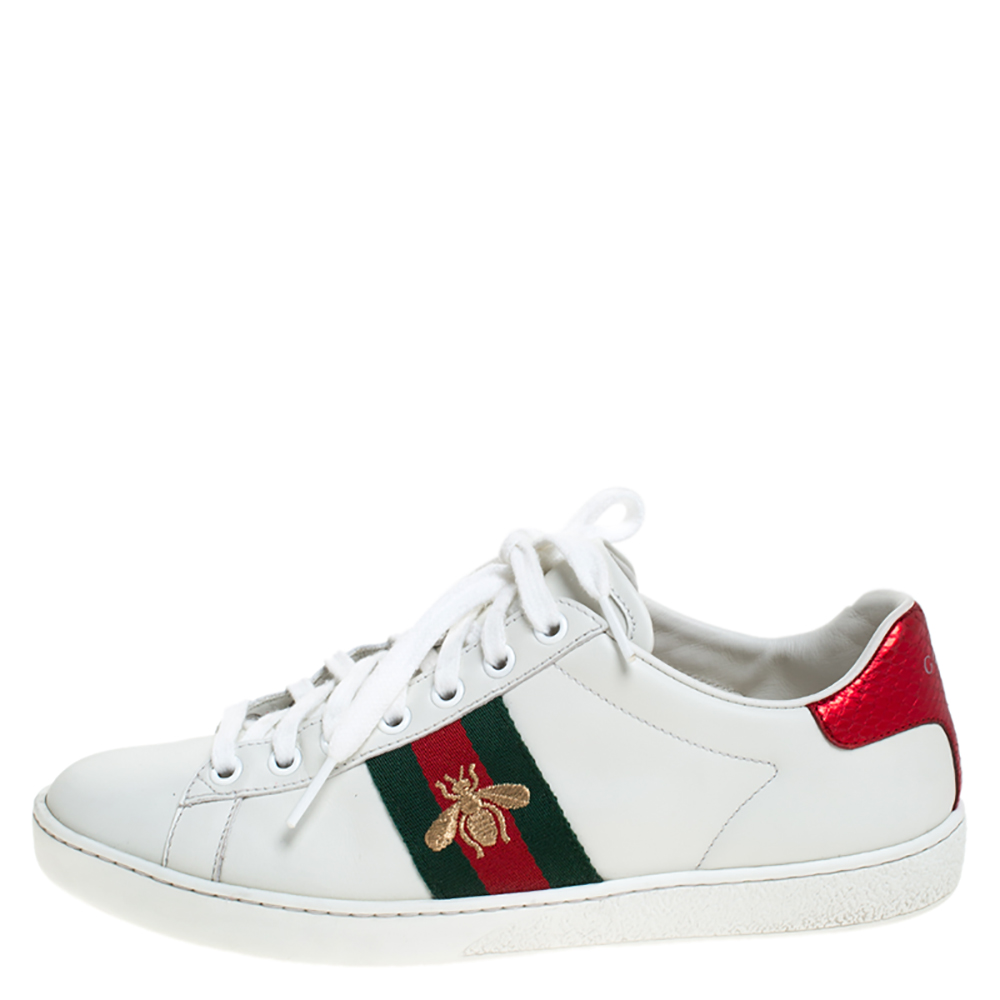 

Gucci White Leather Ace Embroidered Bee Low Top Sneakers Size