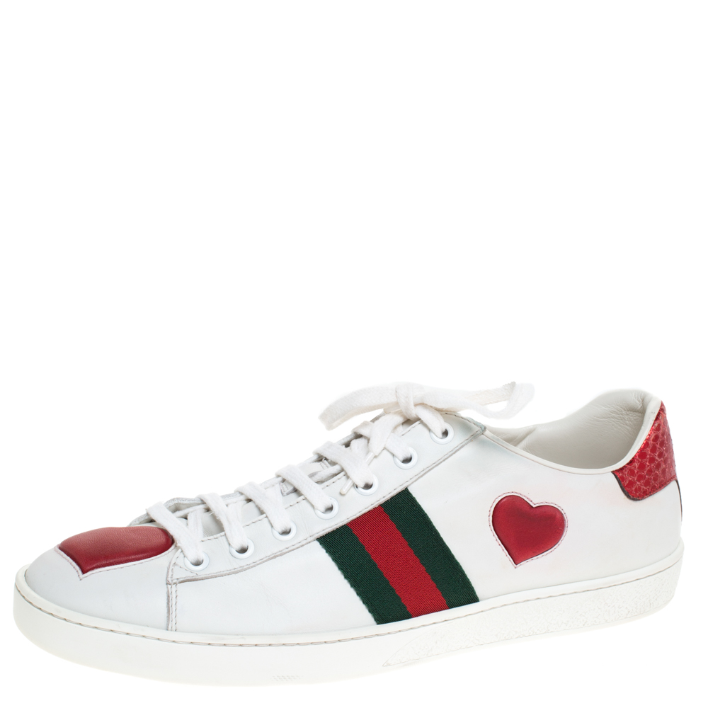 Gucci White Leather Ace Web Heart Detail Lace Up Sneaker Size 39.5 Gucci