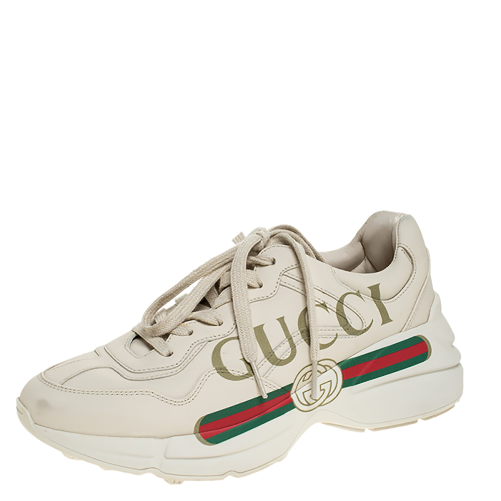 Gucci Ivory Leather Rhyton Vintage Logo Platform Sneakers Size 38