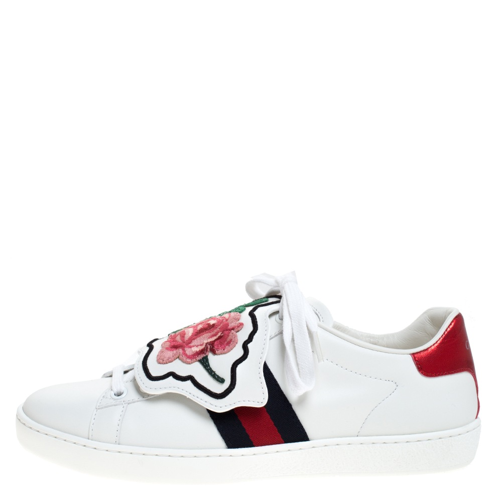 

Gucci White Leather Ace Web Low Top Sneakers with Removable Patch Size