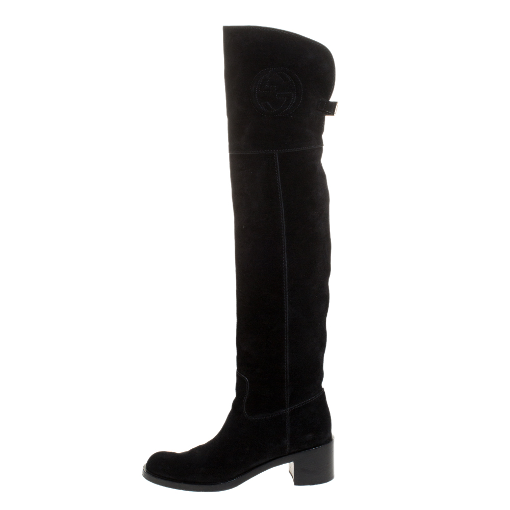 

Gucci Black Suede GG Knee Length Boots Size