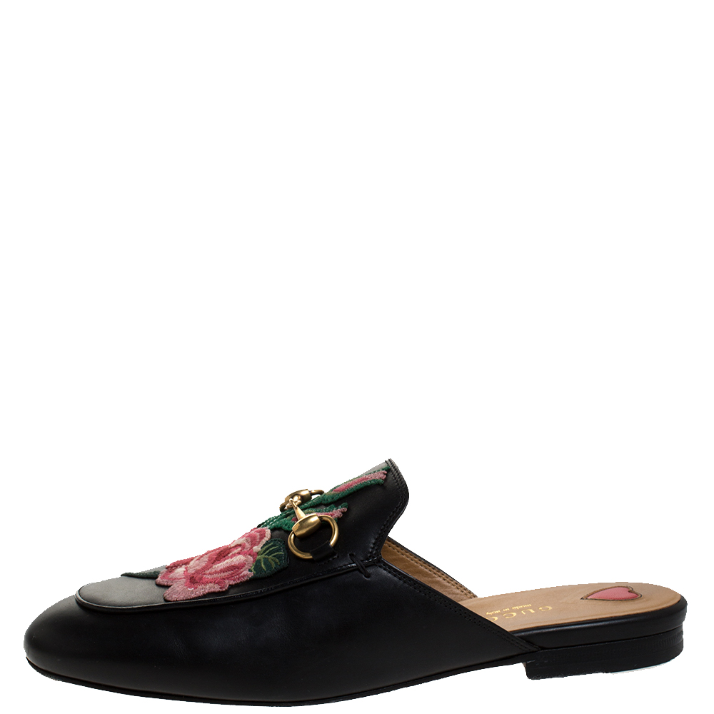 

Gucci Black Leather Princetown Flower Embroidered Flat Mules Size
