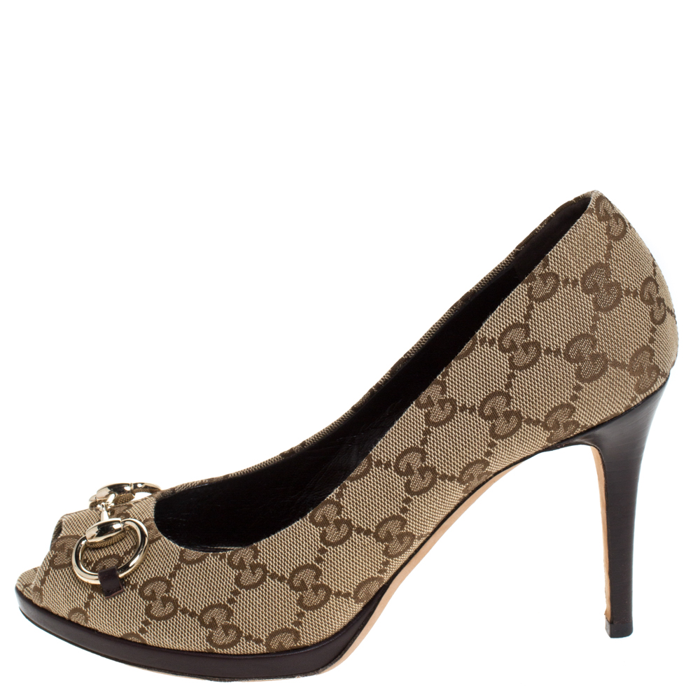 

Gucci Brown Guccissima Canvas New Hollywood Horsebit Peep Toe Pumps Size