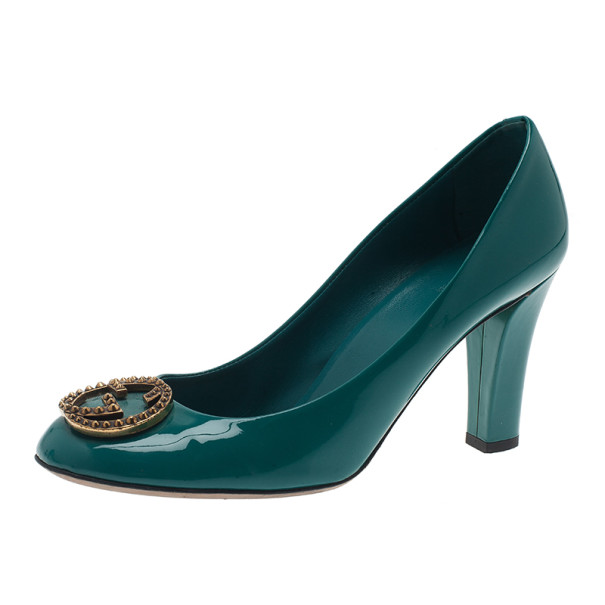 Pre Owned Gucci Blue Patent Interlocking Studded G Pumps Size 39