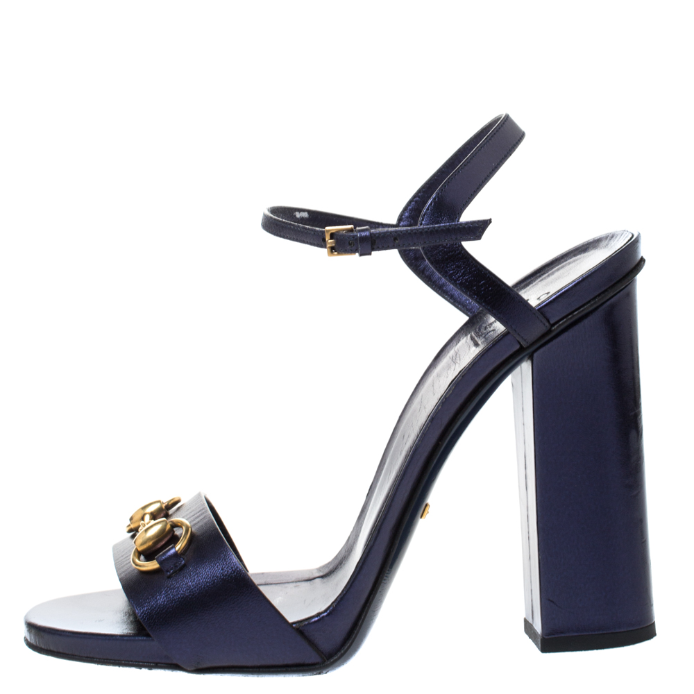 

Gucci Metallic Purple Leather Claudie Horsebit Peep Toe Ankle Strap Sandals Size