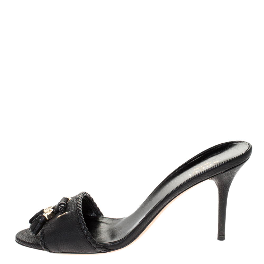 

Gucci Black Leather Tassel Open Toe Sandals Size