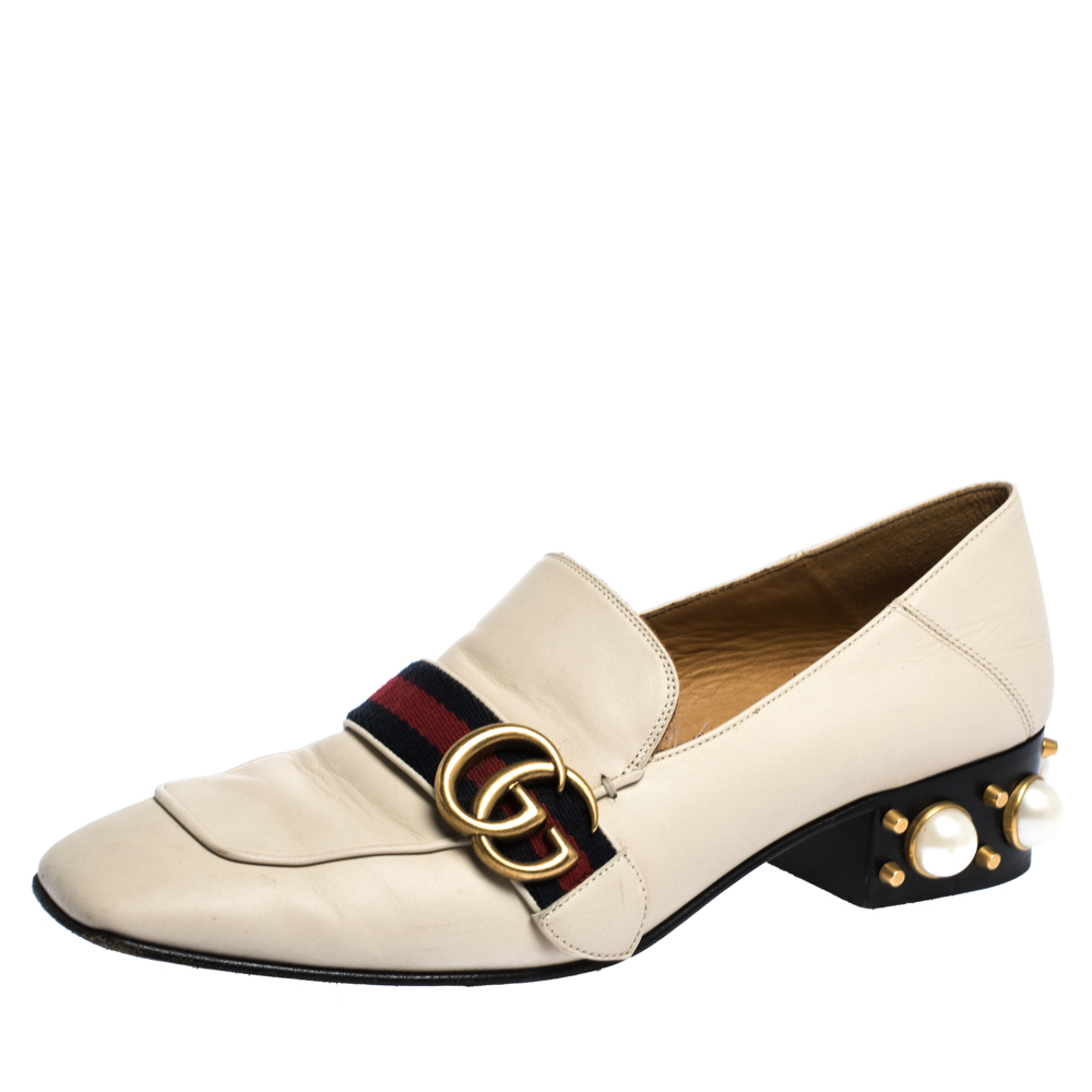 Gucci White Leather Peyton GG Sylvie Pearl Studded Loafer Size 39