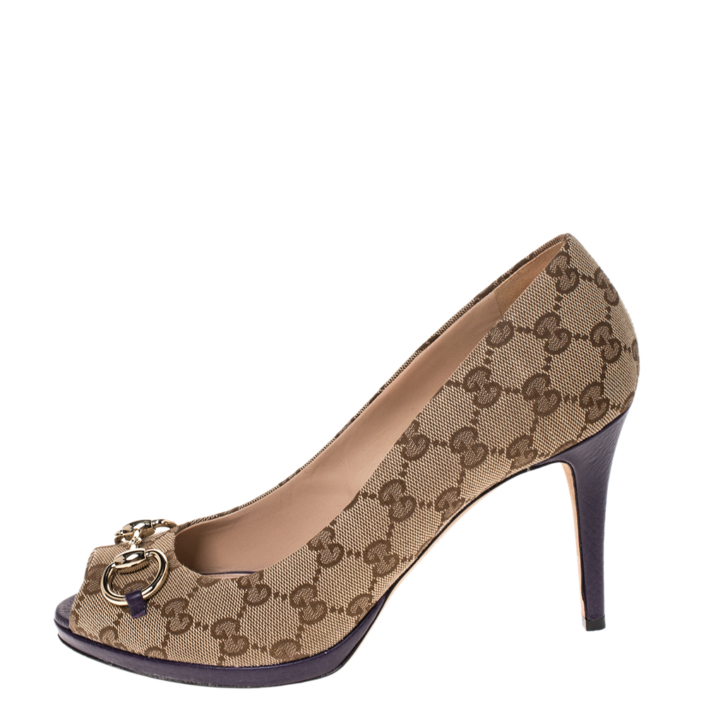 

Gucci Beige GG Canvas Hollywood Horsebit Peep Toe Pumps Size