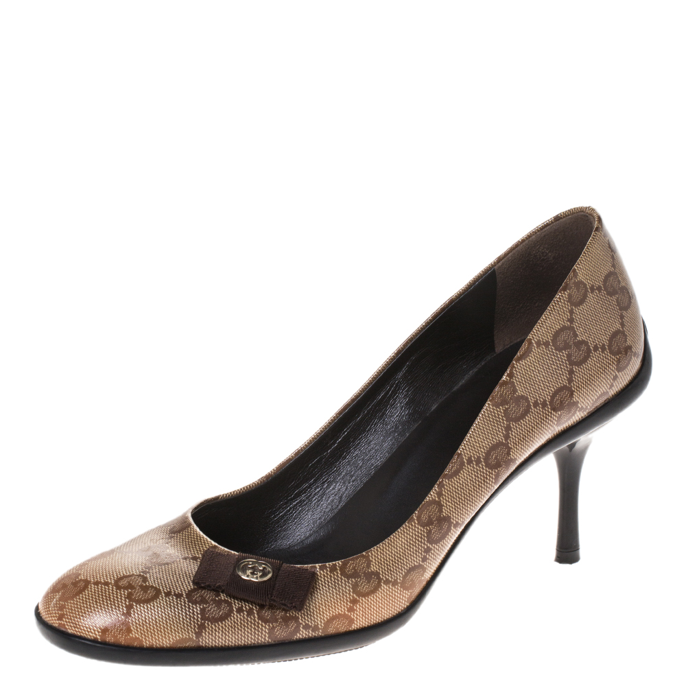 Pre Owned Gucci Beige GG Crystal Canvas Bow Pumps Size 37