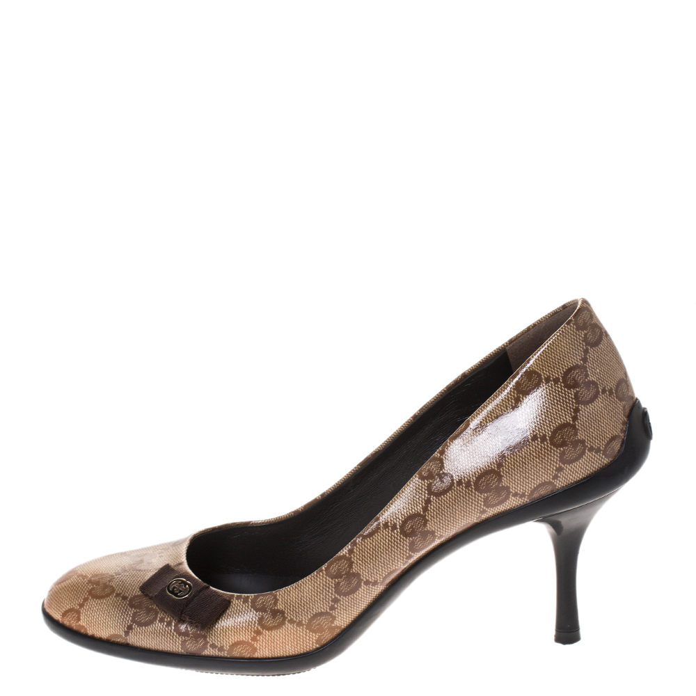 

Gucci Beige GG Crystal Canvas Bow Pumps Size