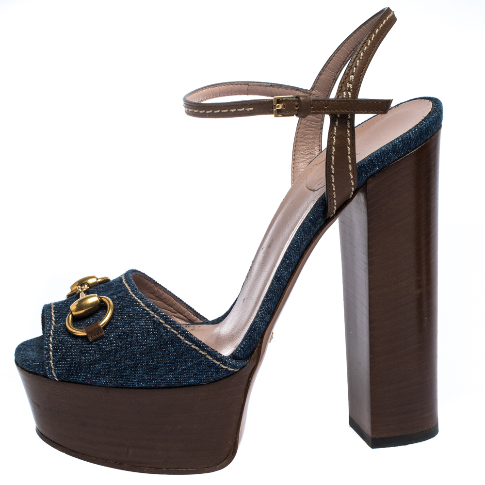 

Gucci Blue/Brown Denim and Leather Claudia Horsebit Platform Sandals Size