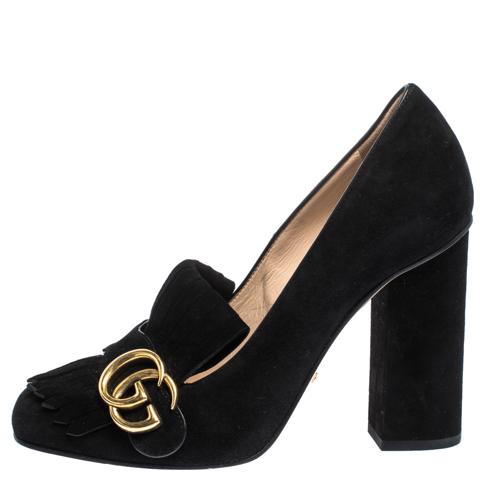 

Gucci Black Suede GG Marmont Fringe Pumps Size