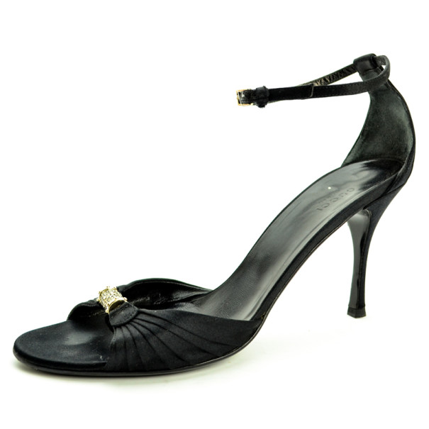 Pre Owned Gucci Black Satin Embellished Ankle Strap Sandals Size 40