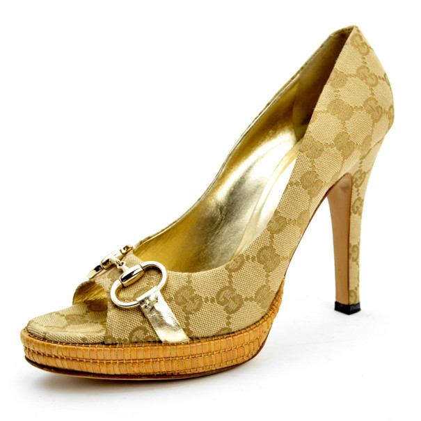 مملوكة مسبقًا Gucci Guccissima Canvas Horsebit Peep Toe Platform Pumps Size 40.5 