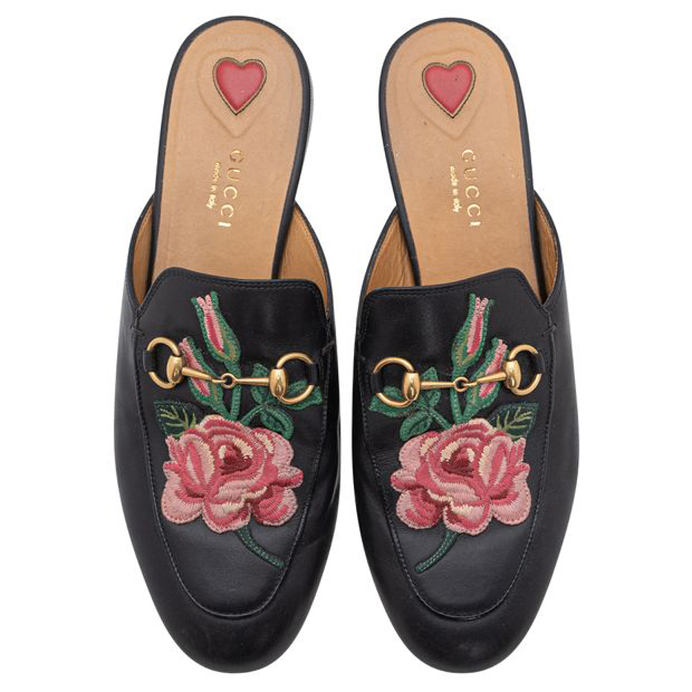 

Gucci Black Leather 2017 Princetown Floral Mules Size