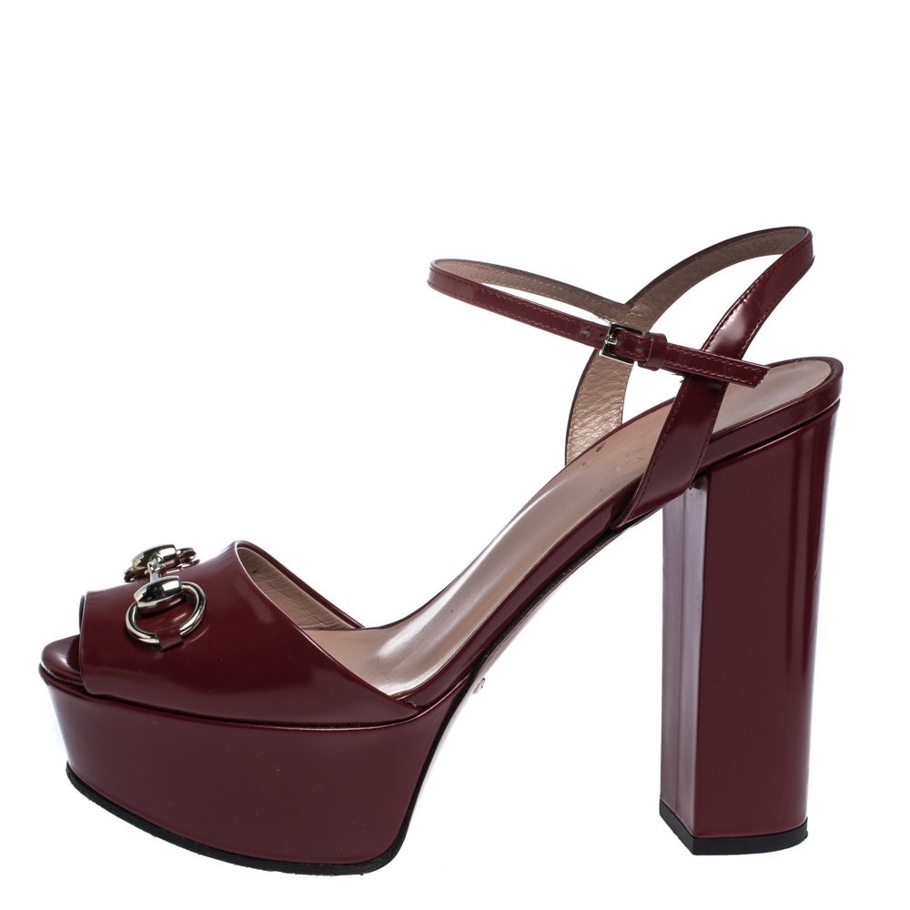 

Gucci Burgundy Leather Claudie Horsebit Peep Toe Platform Sandals Size