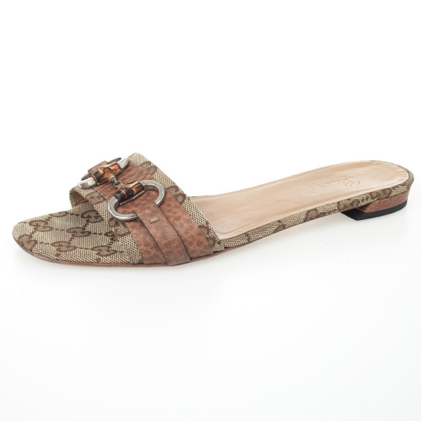 مملوكة مسبقًا Gucci Guccissima Bamboo Horsebit Kitty Flat Slides Size 36.5