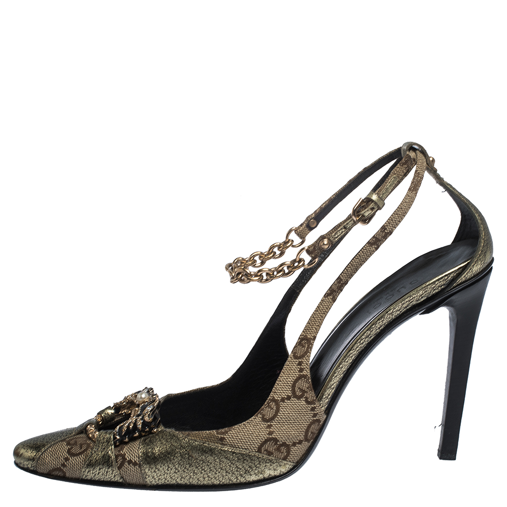 

Gucci Monogram Canvas And Gold Leather Tom Ford Dragon Embellished Ankle Strap Pumps Size
