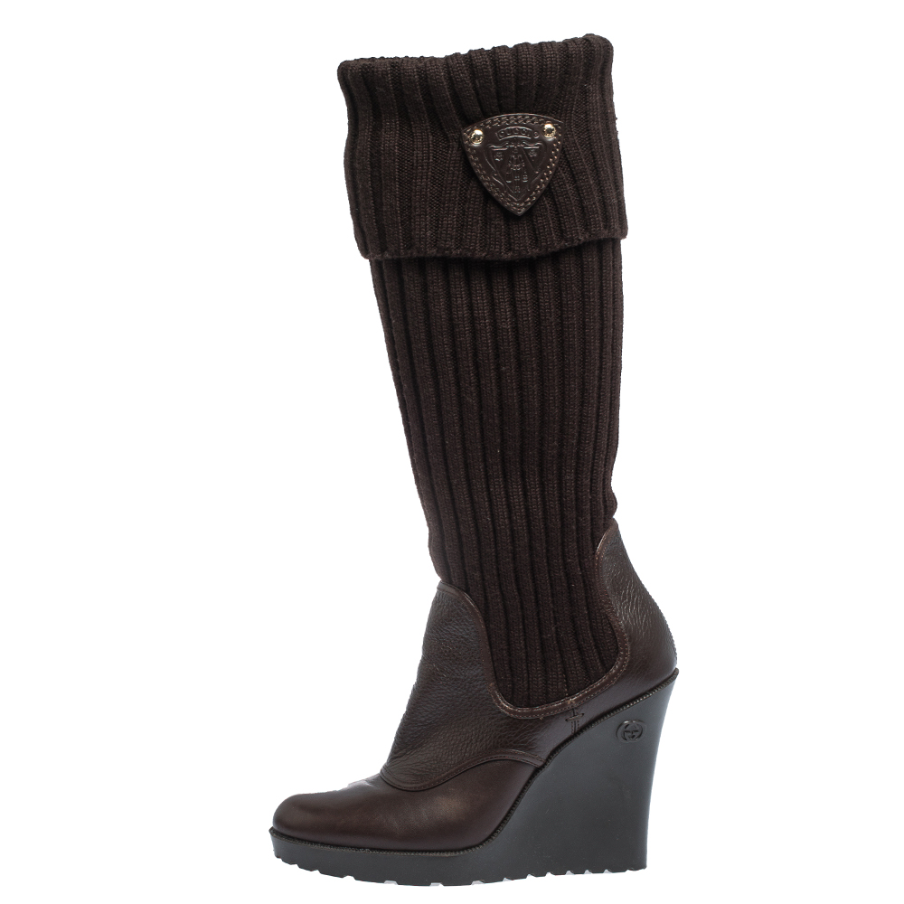 

Gucci Dark Brown Leather and Knit Sock Wedge Boots Size