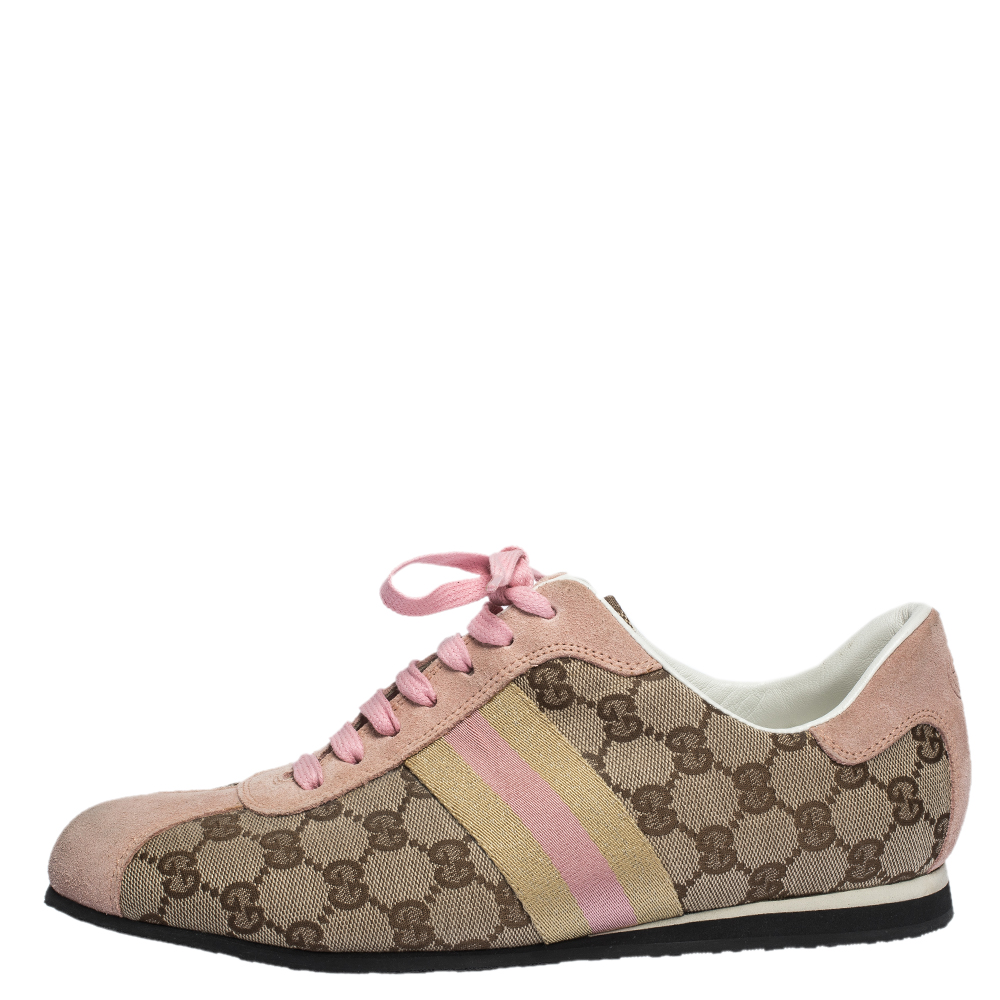 Gucci Beige GG Monogram Canvas and Pink Suede Web Lace Up Sneakers Size ...