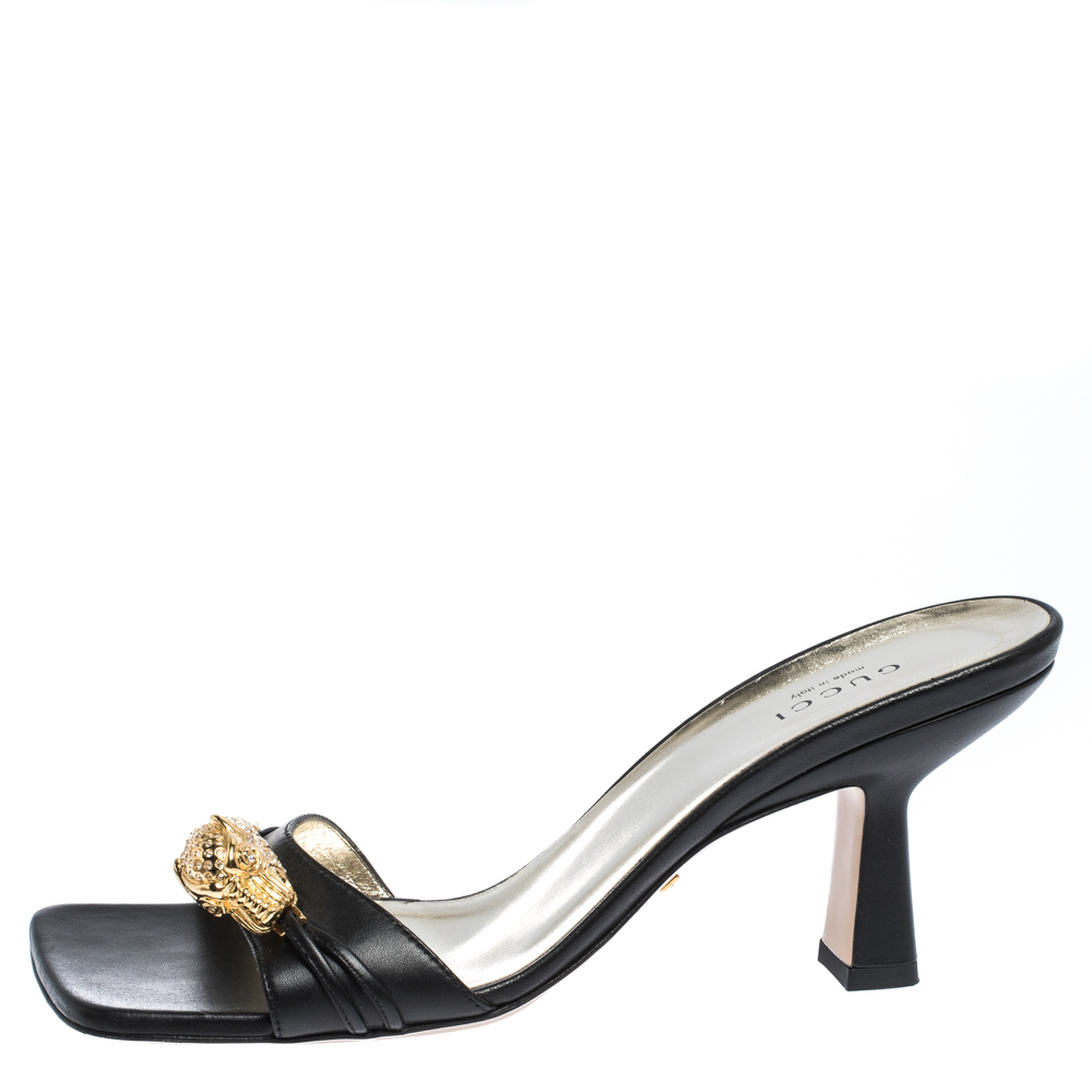 

Gucci Black Leather Dora Open Toe Slide Sandals Size