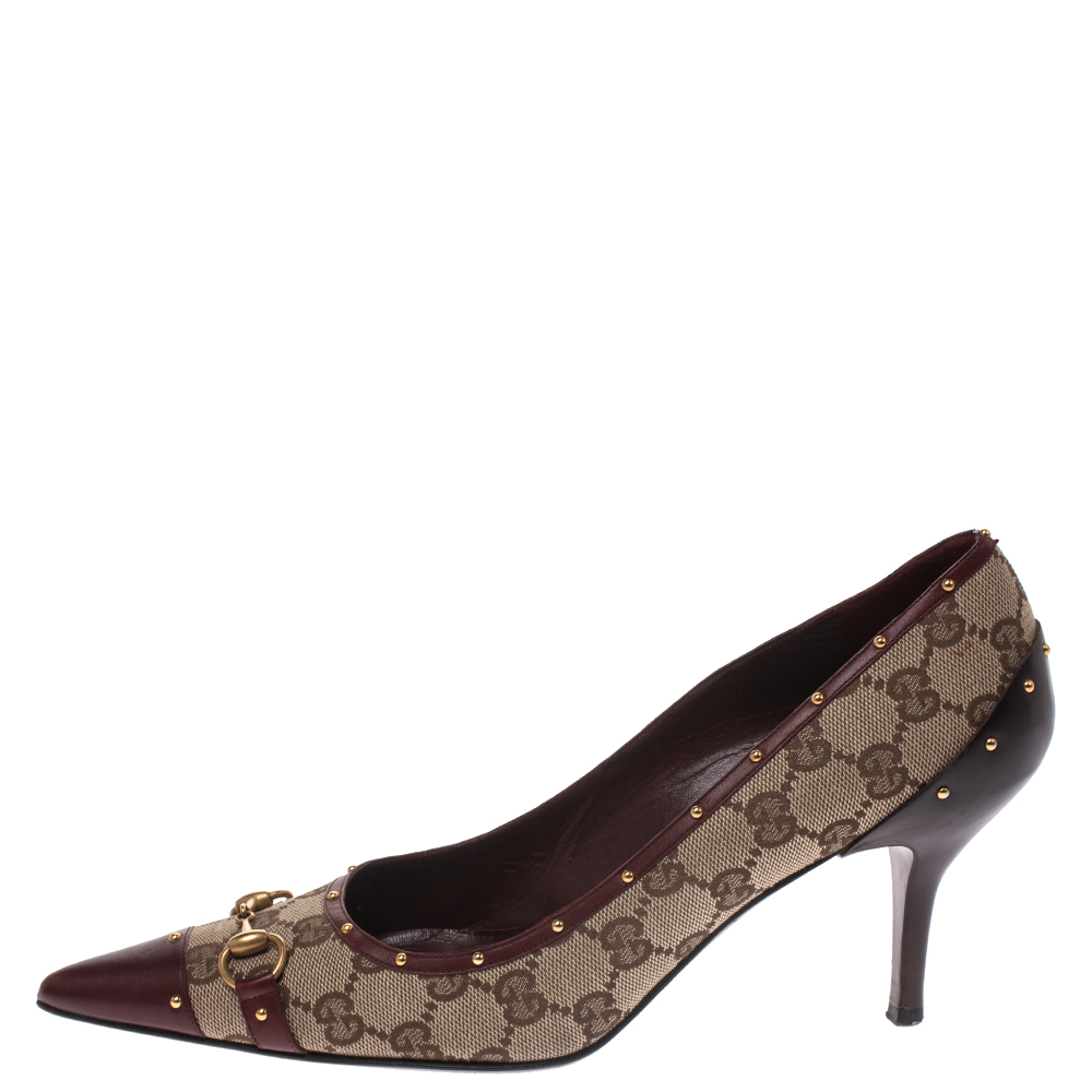 

Gucci Guccissima Canvas And Brown Leather Studded Horsebit Pointed Toe Pumps Size, Beige