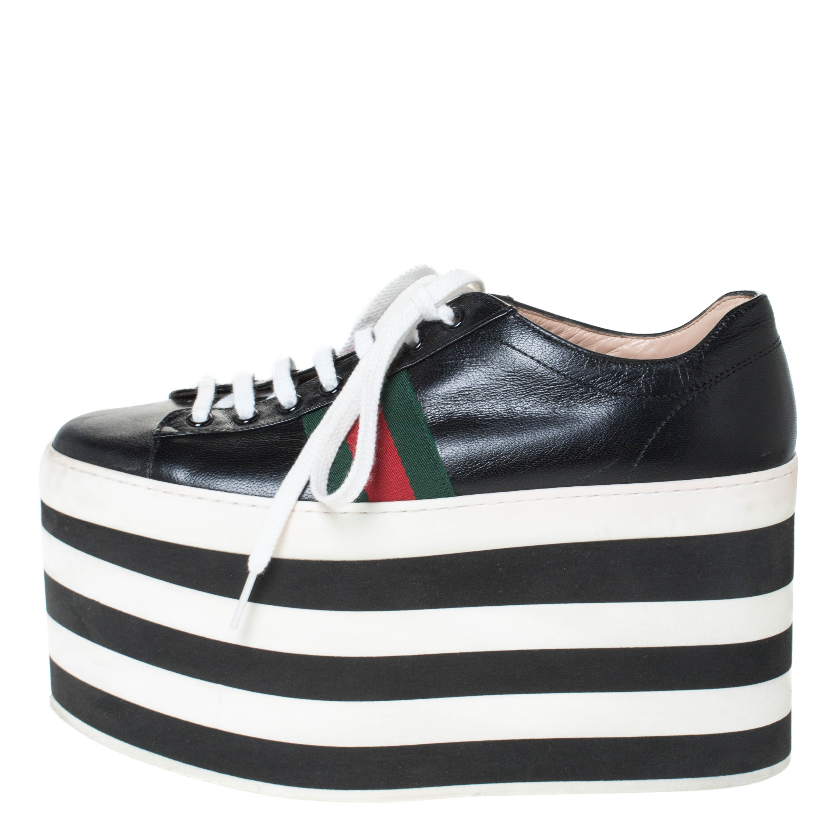 

Gucci Black Leather Peggy Web Detail Platform Sneakers Size