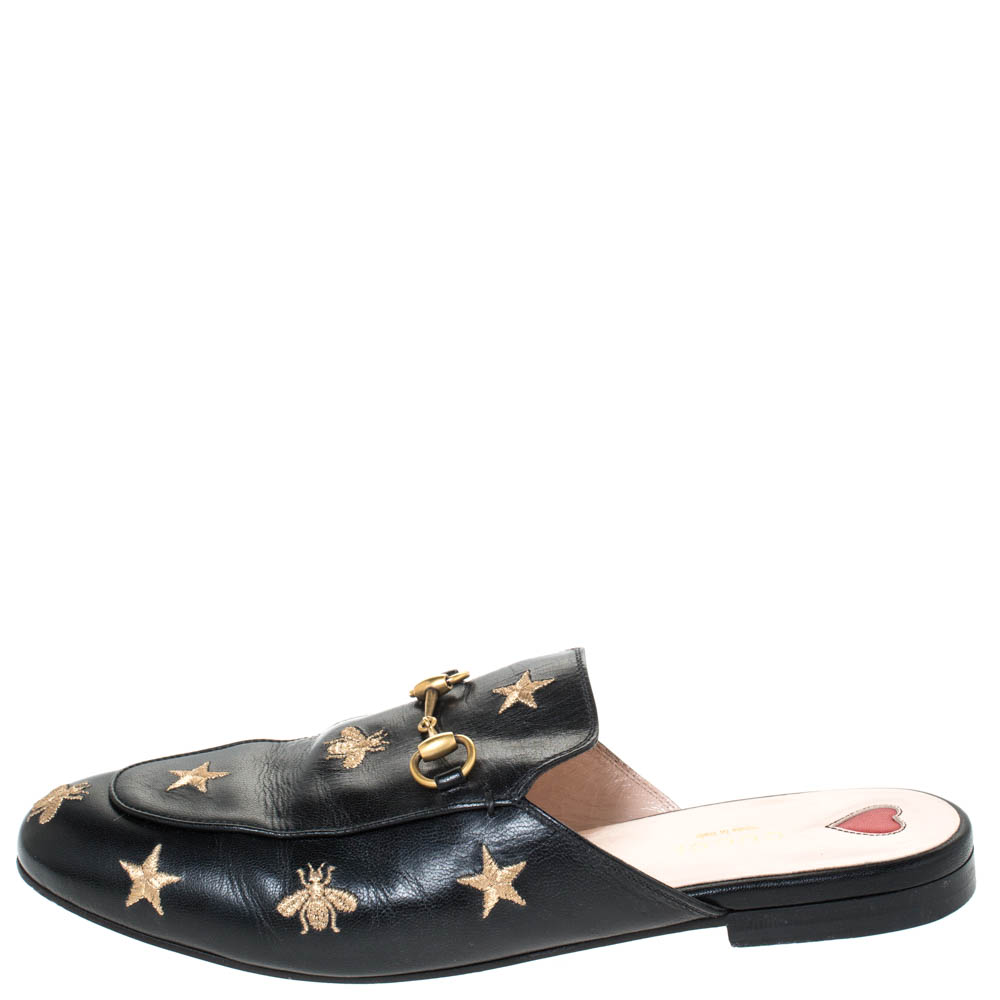 

Gucci Black Leather Princetown Star And Bee Embroidered Flat Mules Size