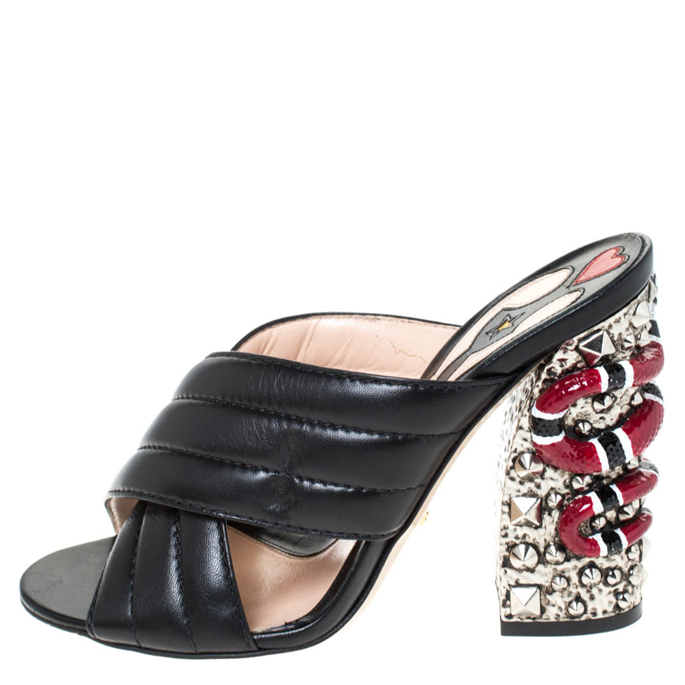 

Gucci Black Web Quilted Leather Snake Embellished Slide Sandals Size