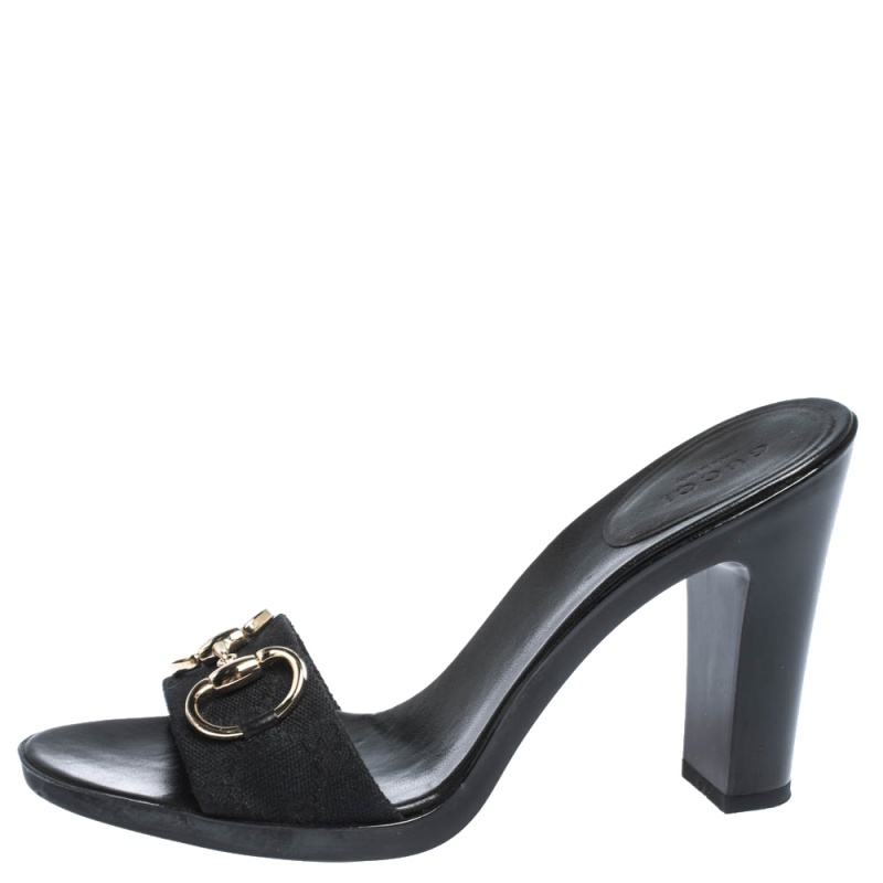 Gucci Black GG Canvas Horsebit Slide Sandals Size 37.5