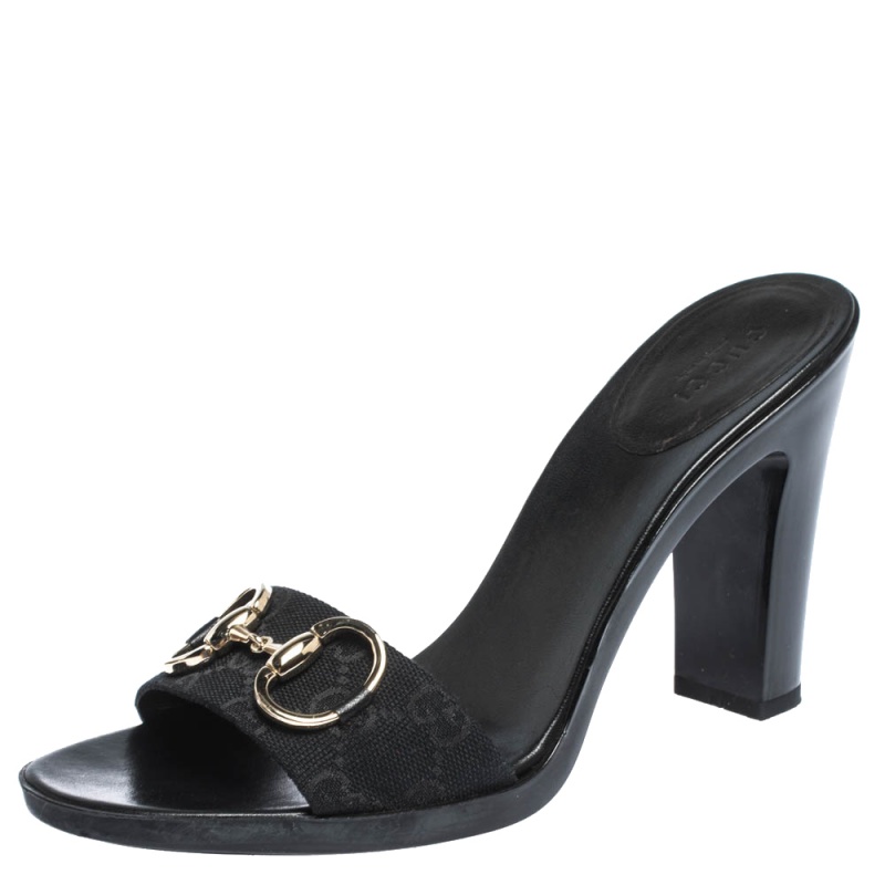 

Gucci Black GG Canvas Horsebit Slide Sandals Size